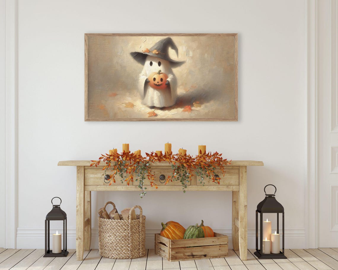 Cute Ghost Witch Hat Holding Jack O Lantern Halloween Painting Poster - Image 2