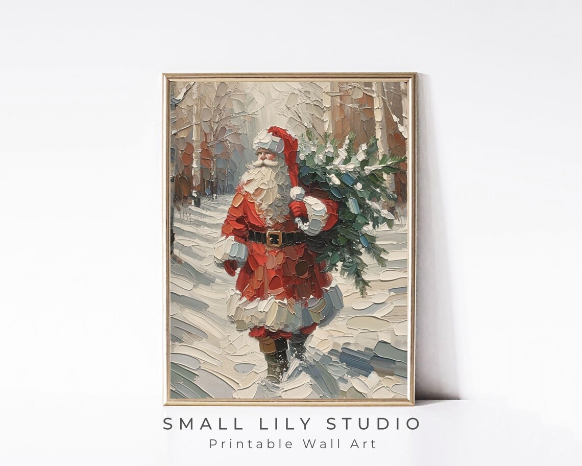 Santa Claus Carrying Christmas Tree in Snow Textured Impasto Poster