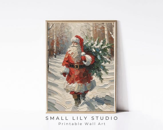 Santa Print Vintage Style Father Christmas Wall Art For Kids Cute Festive Santa Painting Textured Red White Vertical P106