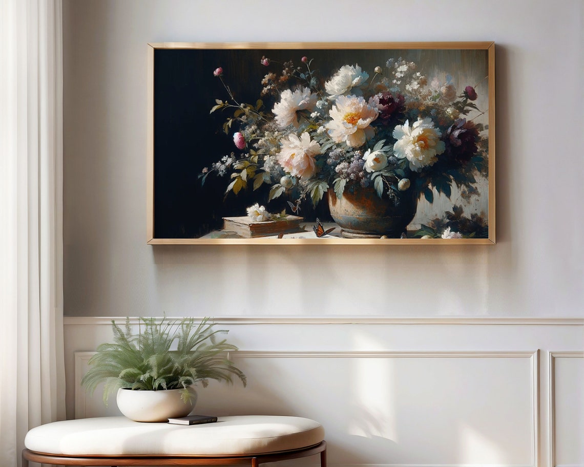 Frame Tv Moody Floral Still Life Art Frame Tv Art Dark Flowers Valentines Vintage Painting Style Tv Artwork Pink Peonies Tv245 - Image 3