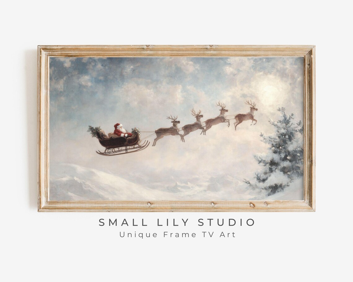 Santa And Reindeer Flying Christmas Art Print