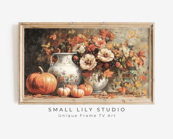 Autumn Flowers In White Vase With Pumpkins Fall Still Life Poster