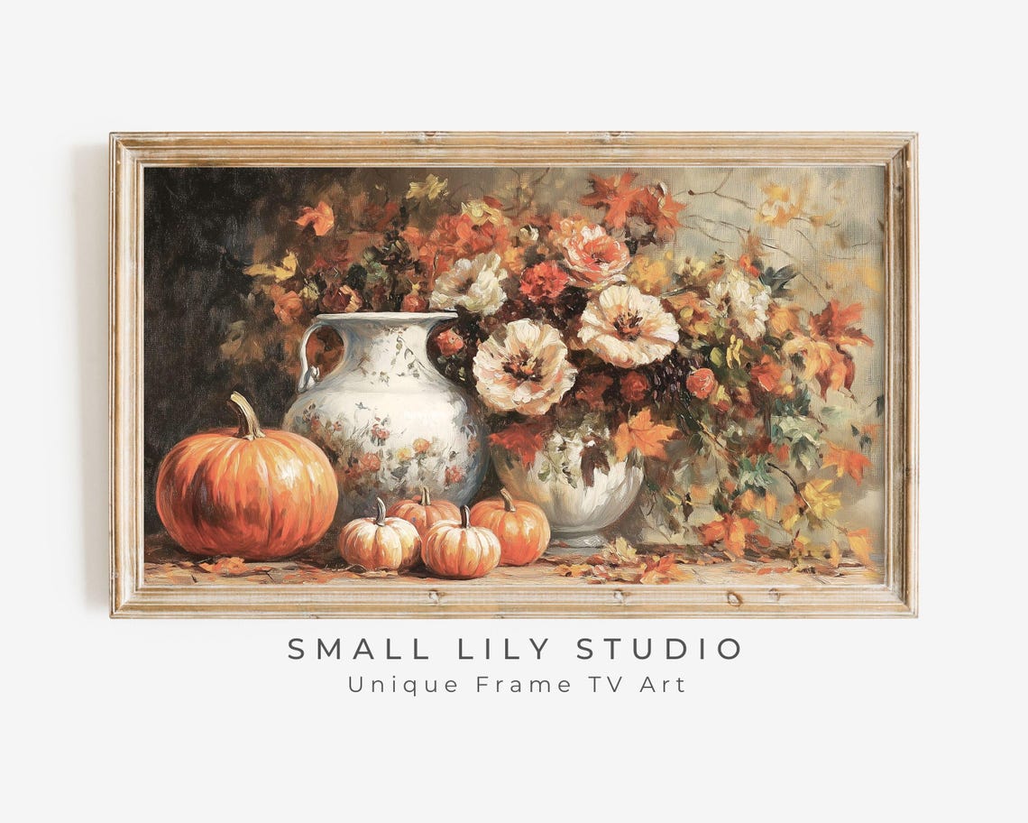 Autumn Flowers In White Vase With Pumpkins Fall Still Life Poster