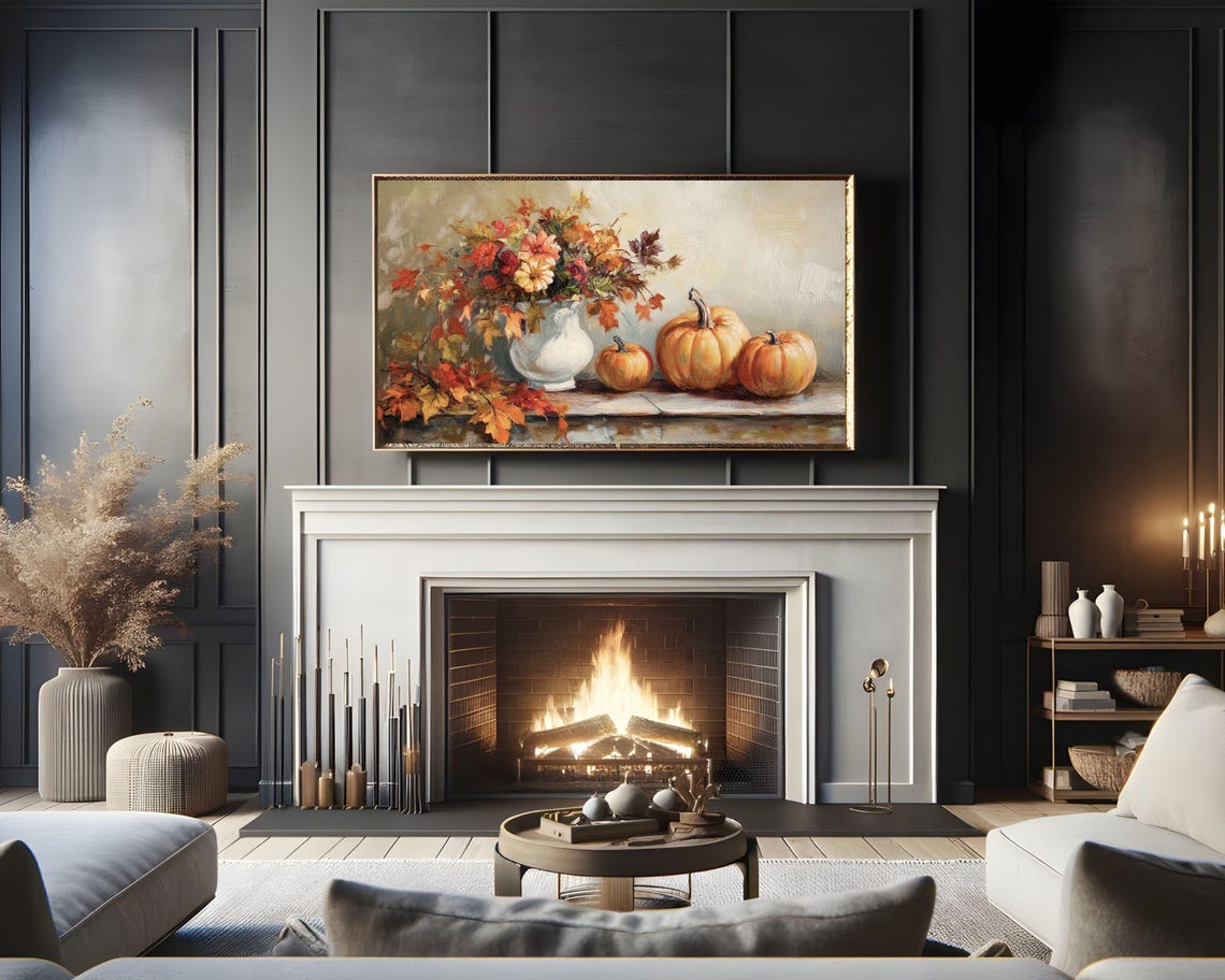 Fall Florals In White Pitcher With Pumpkins Still Life Painting Poster - Image 2