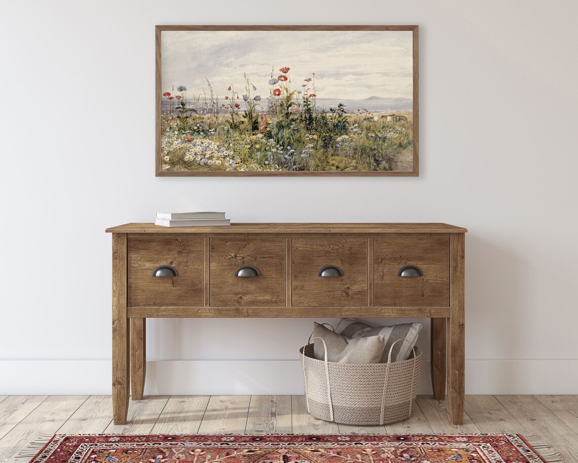 Wildflower Field With Poppies Overlooking Distant Coast Vintage Poster - Image 2