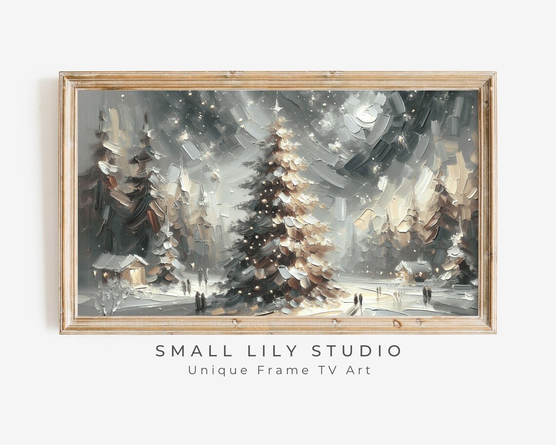Snowy Village Forest Moonlit Night Winter Landscape Textured Art Poster
