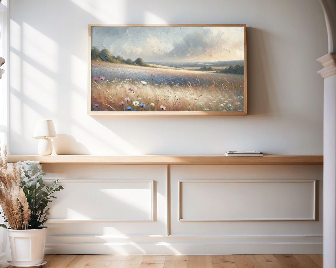 Golden Sunset Wildflower Meadow Rolling Hills Pastel Landscape Poster - Image 3