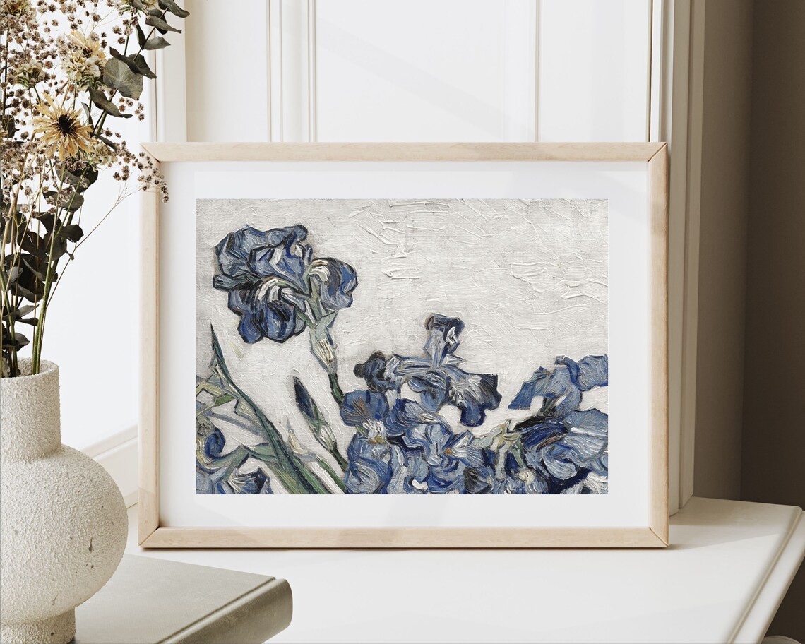Blue Irises Impasto Oil Painting Van Gogh Style Floral Still Life Print - Image 2
