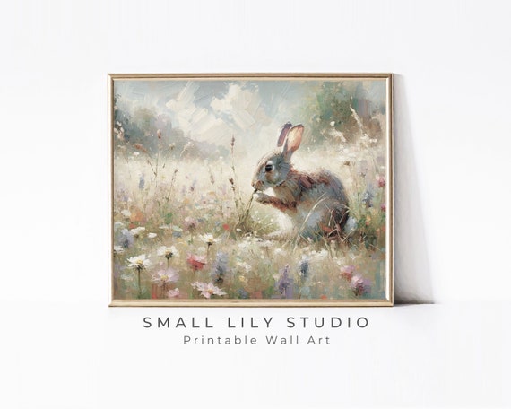 Bunny Print Neutral Animal Wall Art Farmhouse Rabbit Print Cute Bunny In Wildflowers Print Kids Nursery Easter Wall Art P060