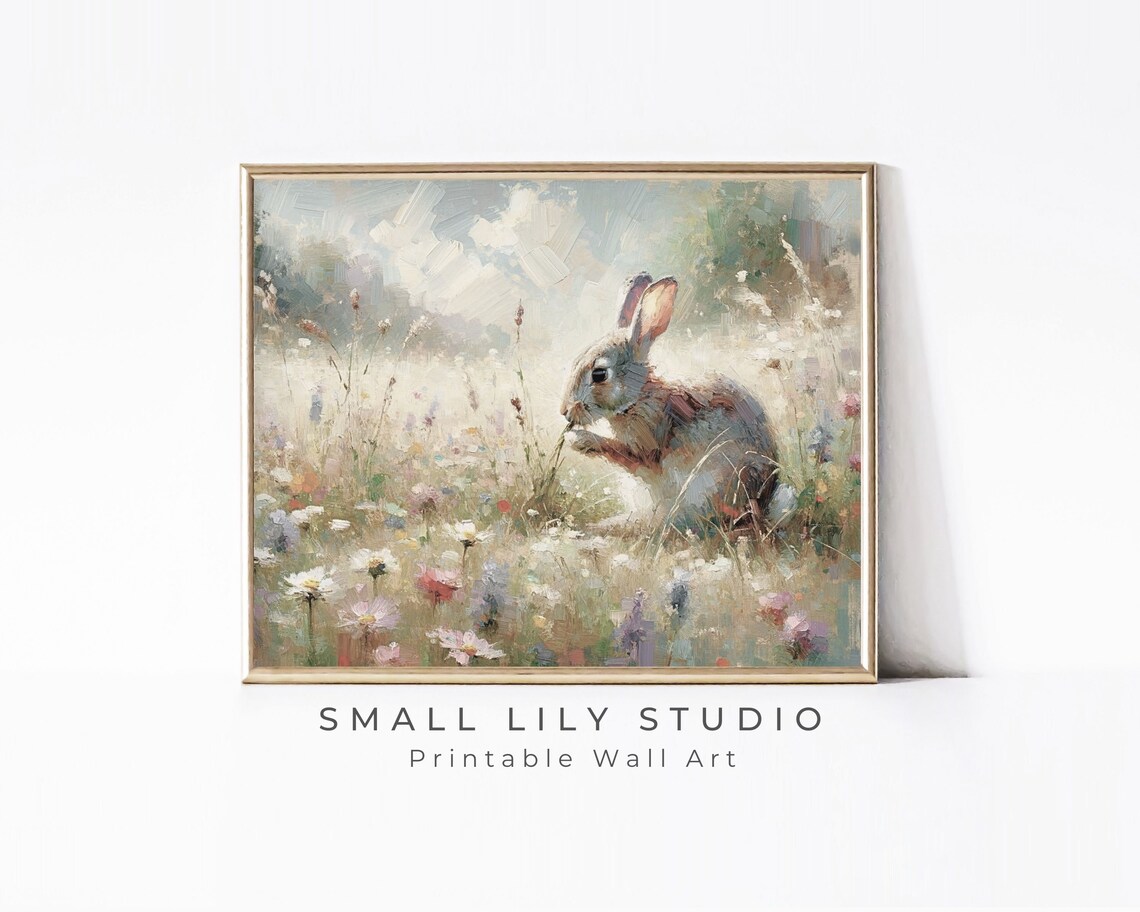 Brown Bunny Rabbit Wildflower Meadow Vintage Spring Animal Wall Art