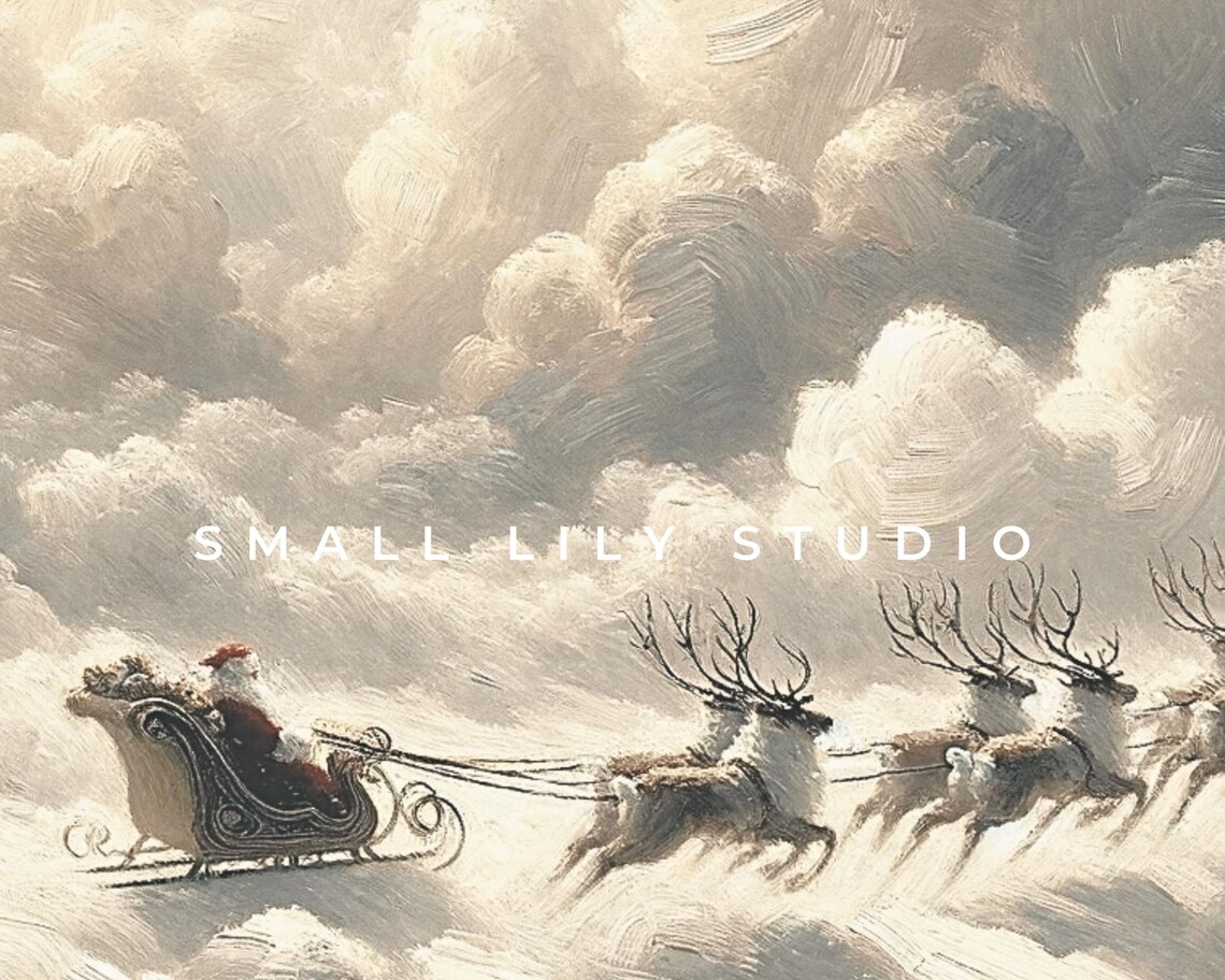 Flying Santa Sleigh And Reindeer Christmas Art Print - Image 4