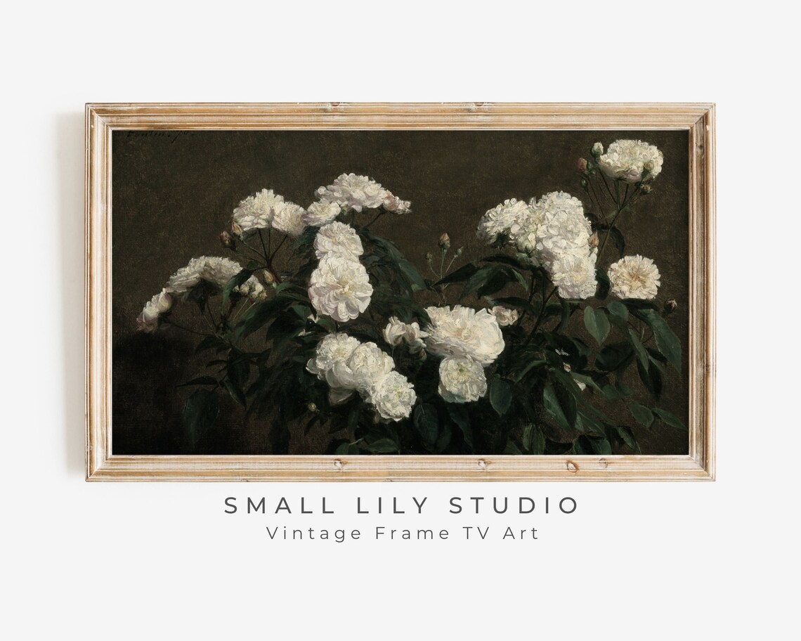 Frame Tv Art Moody Flowers White Moody Floral Tv Background Frame Tv Art Vintage Flower Still Life Farmhouse Painting Dark Tv304