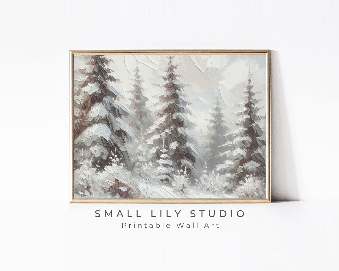 Snow Covered Pine Trees in Winter Forest Impasto Neutral Textured Print