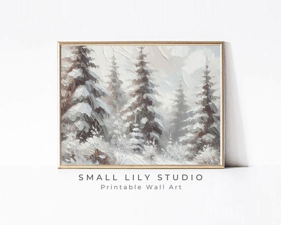 Snow Covered Pine Trees in Winter Forest Impasto Neutral Textured Print