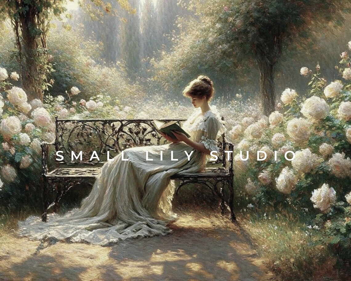 Woman Reading In White Rose Garden Bench Sunlit Romantic Scene Poster - Image 4