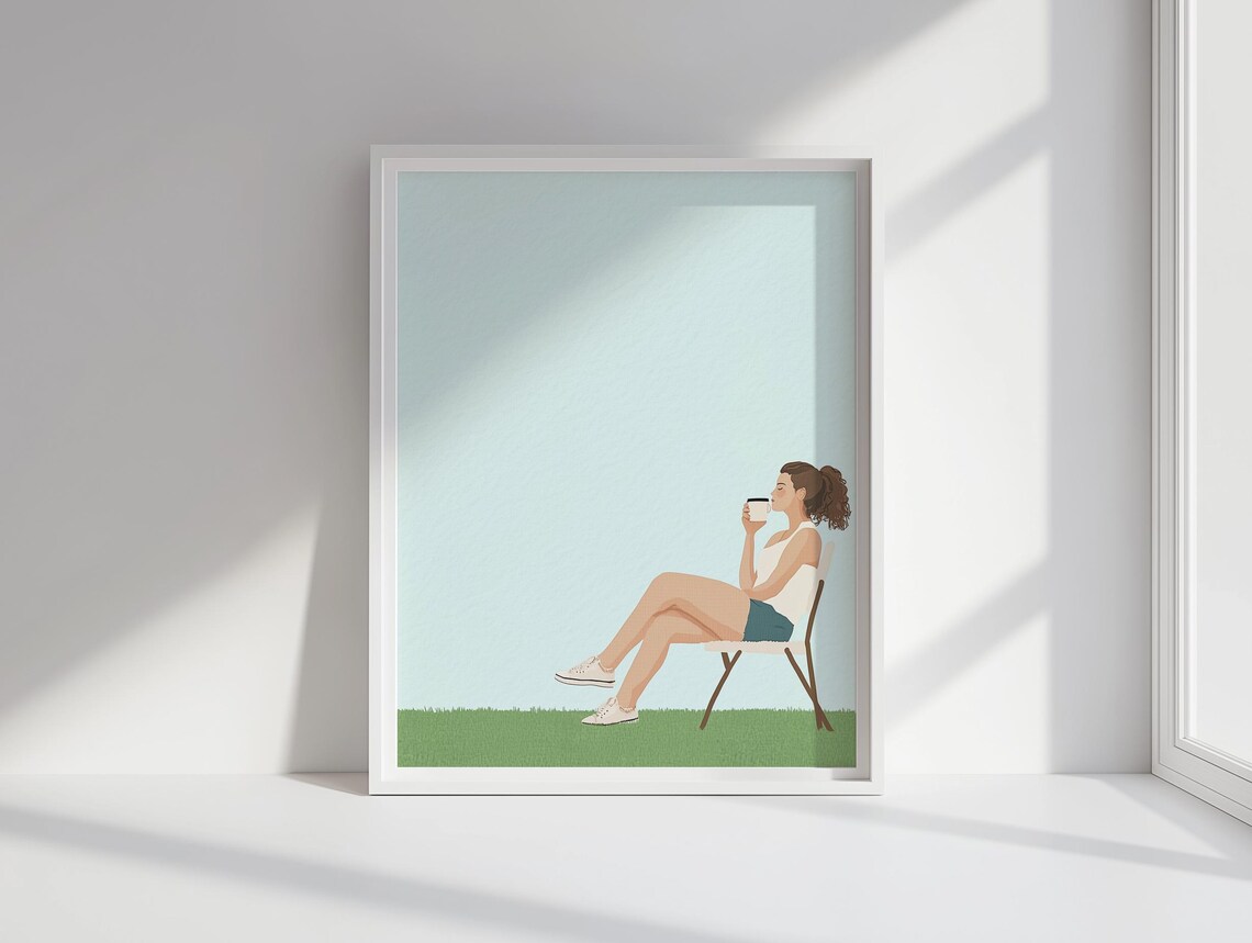 Relaxed Woman Morning Coffee Minimalist Outdoor Chair Poster - Image 4
