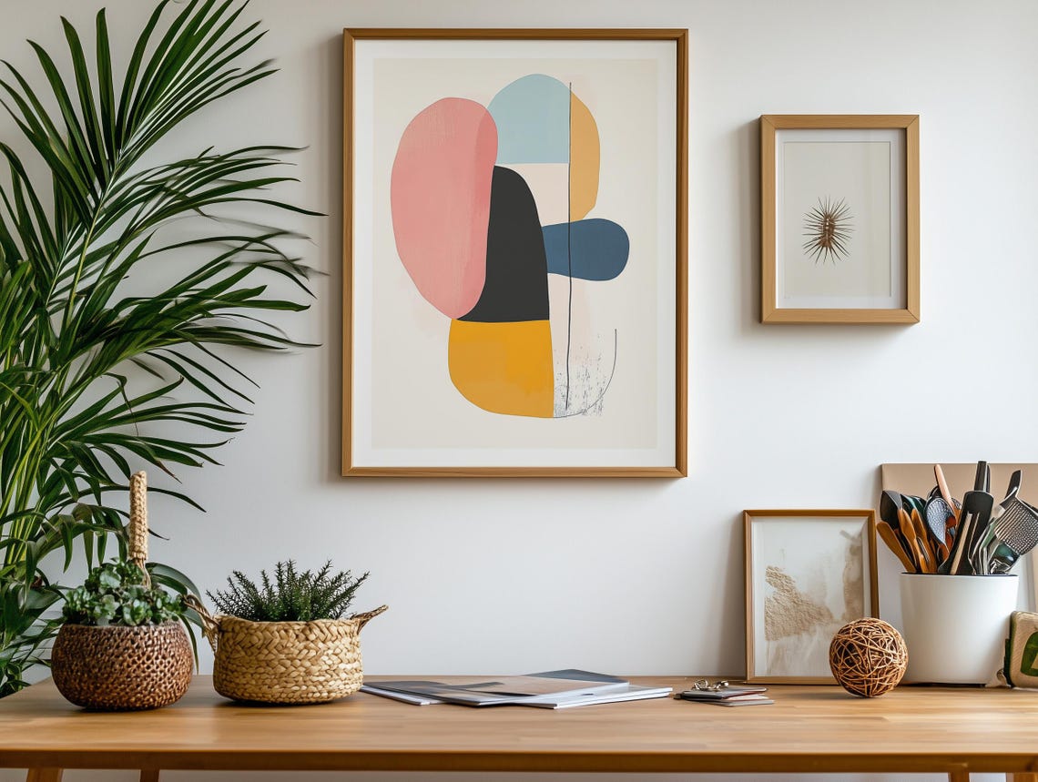 Pink Black and Mustard Playful Abstract Organic Shapes Wall Poster - Image 2
