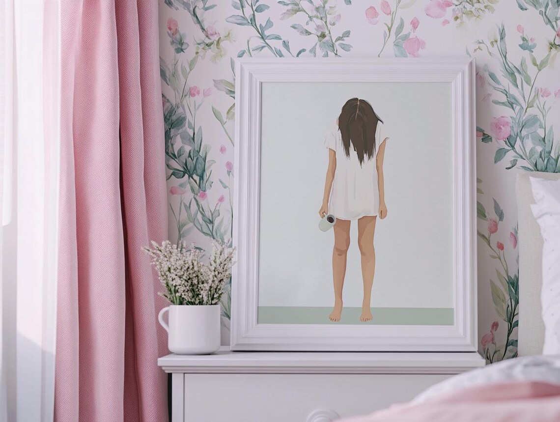 Tired Mom Morning Coffee Barefoot Woman Minimalist Art Poster - Image 2