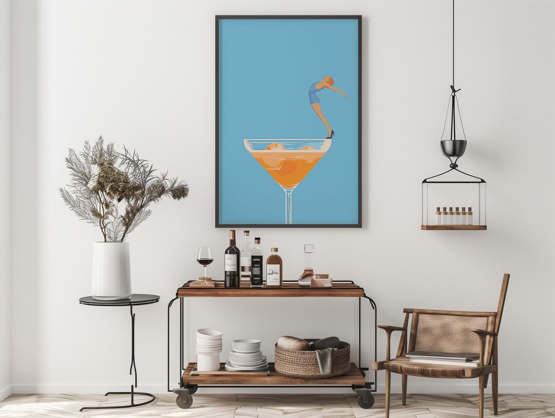 Retro Woman Diving into Giant Aperol Spritz Cocktail Glass Art Poster - Image 3
