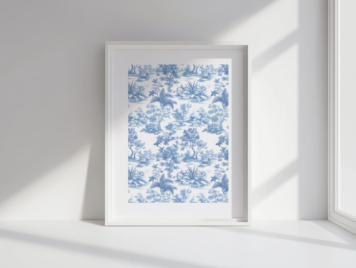 Blue Toile De Jouy Tropical Landscape Poster Palm Tree Botanical Art - Image 3