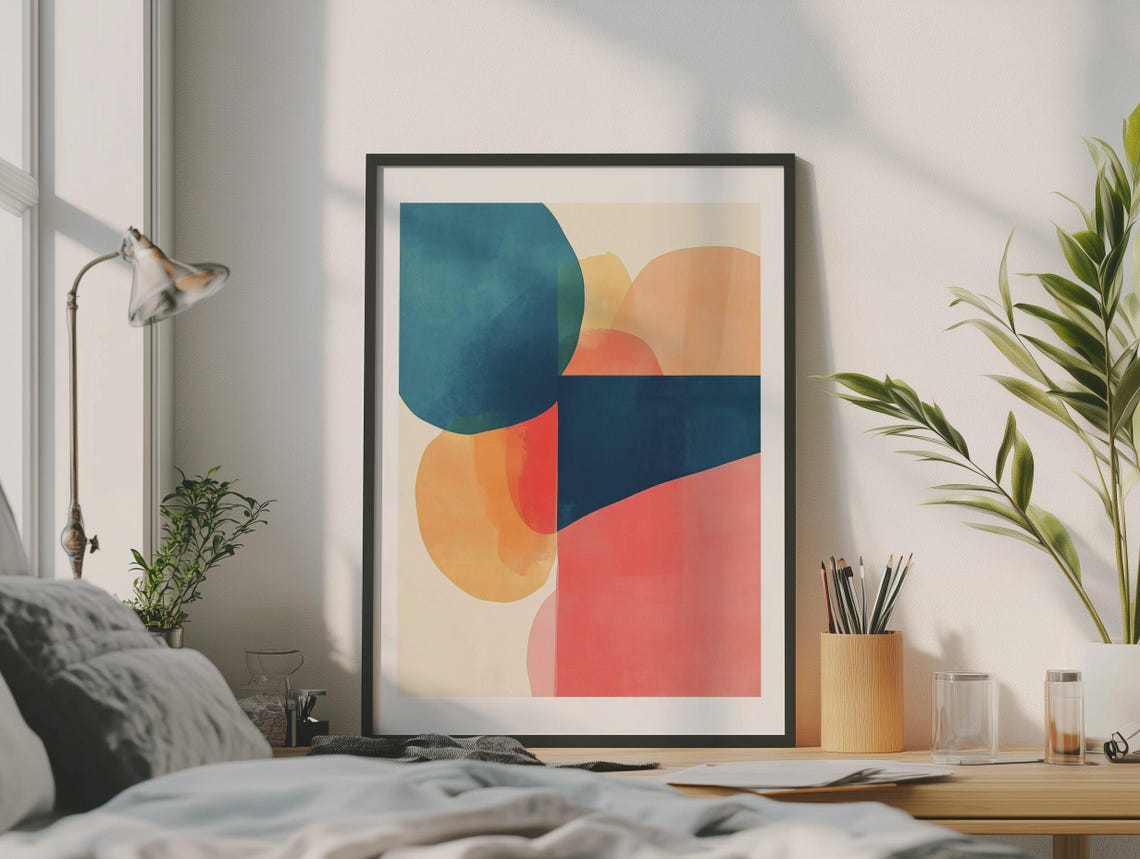 Teal Navy and Orange Watercolor Block Abstract Modern Poster - Image 4