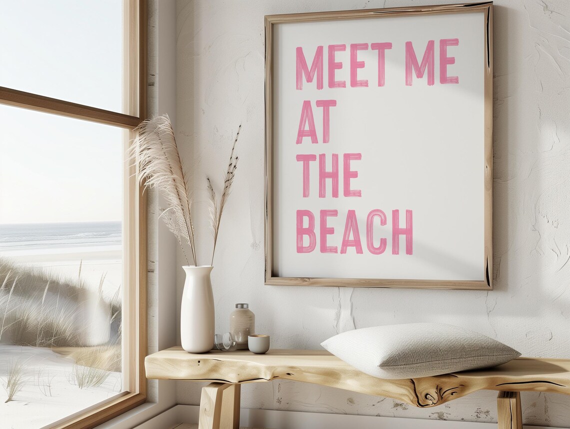 Meet Me At The Beach Pink Typography Coastal Quote Poster Decor - Image 4
