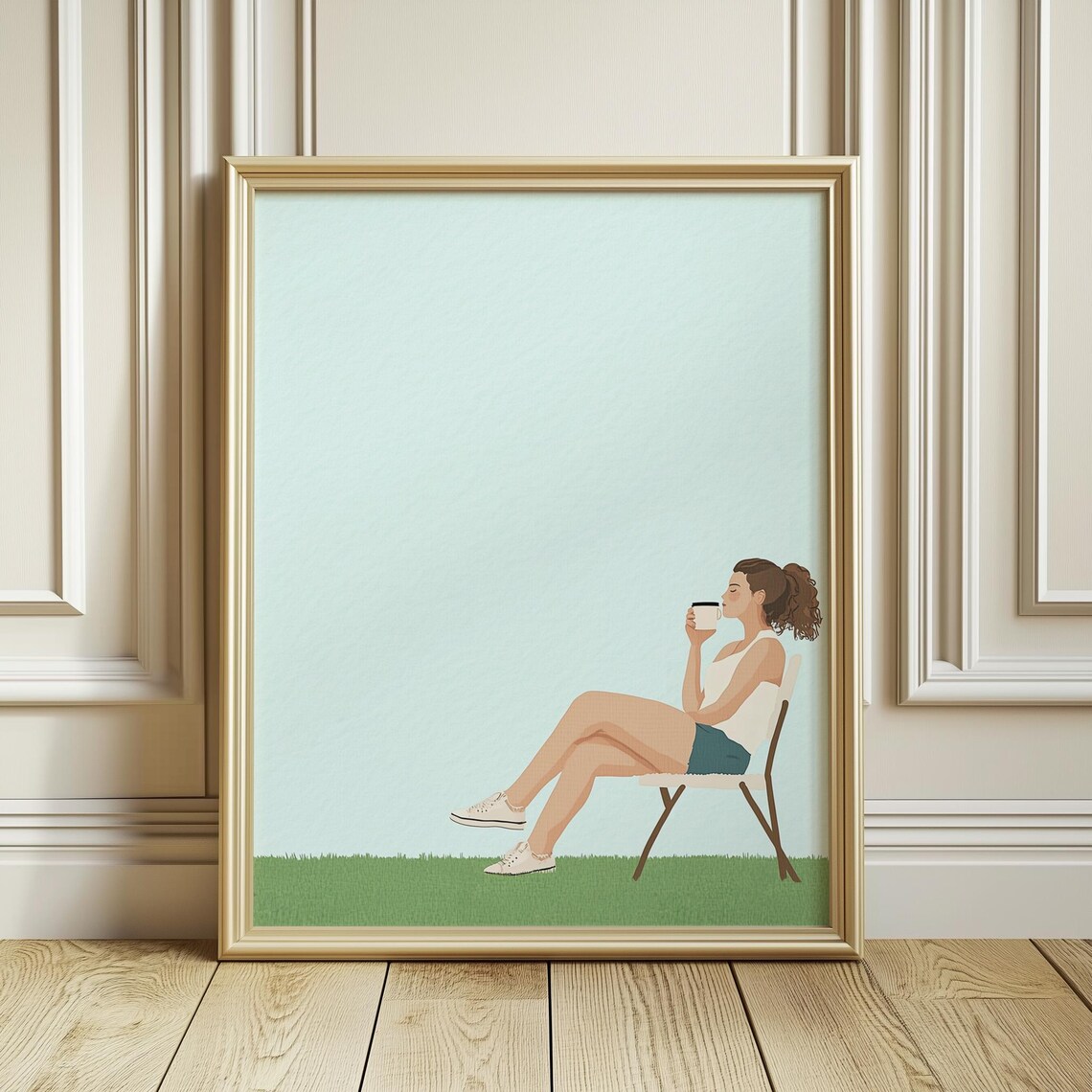 Relaxed Woman Morning Coffee Minimalist Outdoor Chair Poster - Image 3