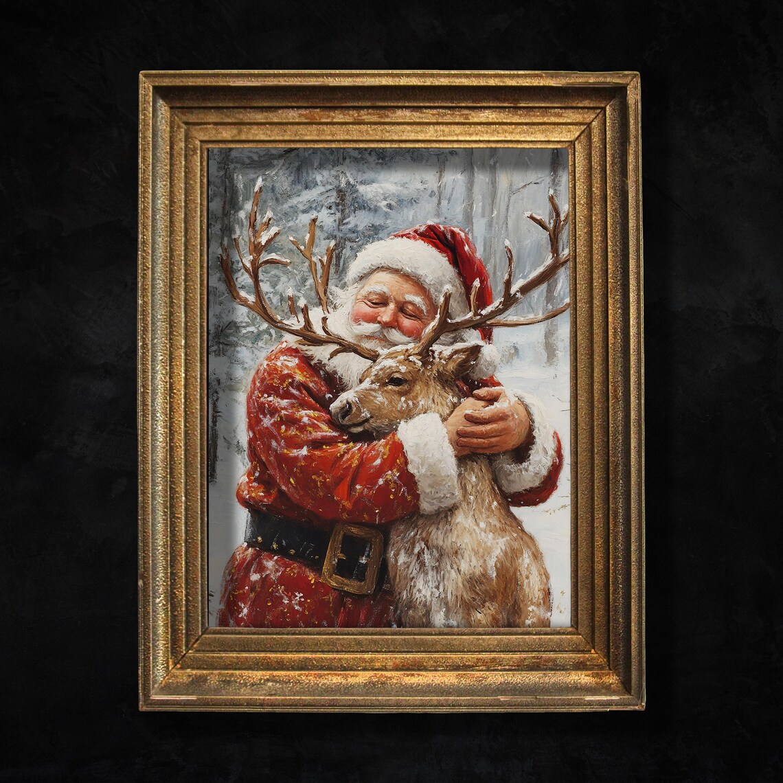 Santa Claus Hugging Reindeer Snowy Forest Vintage Christmas Art Poster