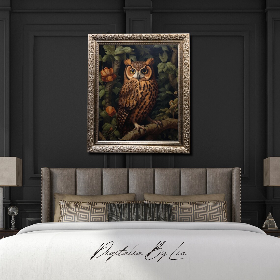 Owl On Flowering Branch Dark Night Foliage Gothic Bird Portrait Print - Image 3