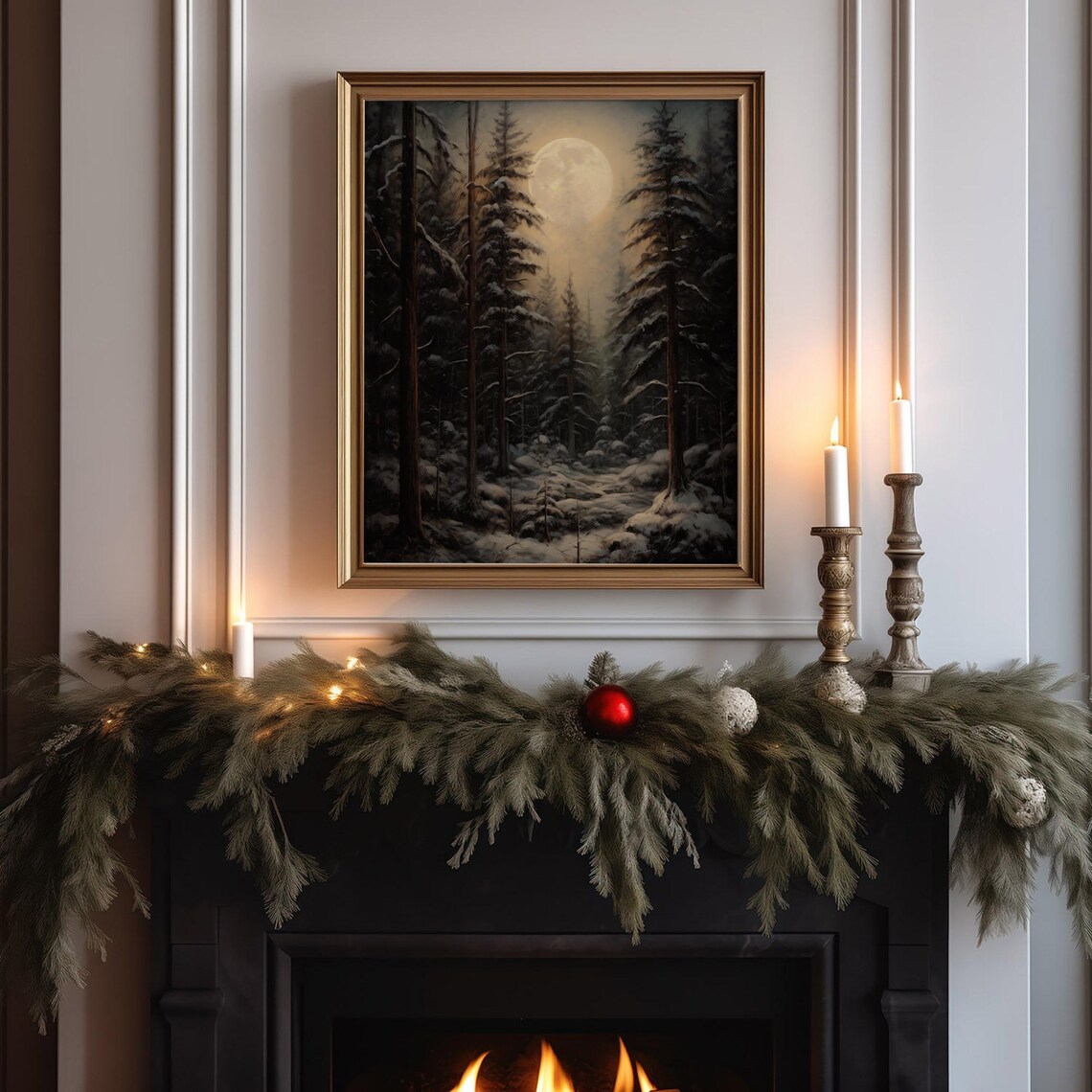 Gothic Winter Forest Wall Art Moody Christmas Dark Academia Decor Snowy Pine Forest Landscape - Image 4