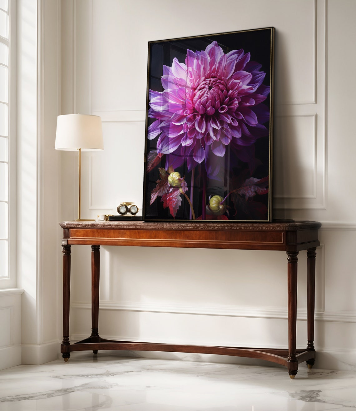 Purple Dahlia Flower Close Up Dark Moody Botanical Study Print - Image 2