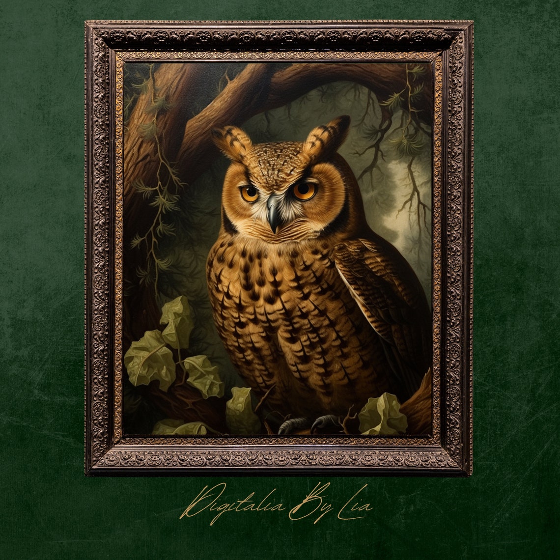 Great Horned Owl Perched In Dark Forest Moody Gothic Owl Print - Image 3