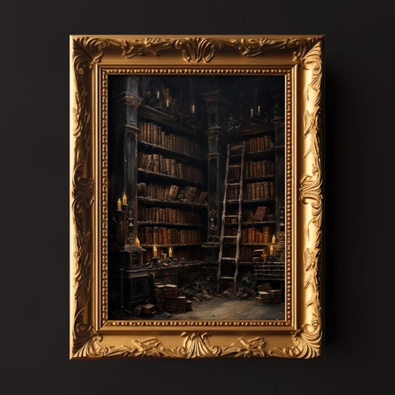 Dark Antique Library Wall Art Dark Academia Decor Gothic Print Moody Book Lover Painting