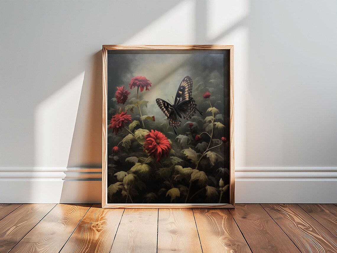 Swallowtail Butterfly Over Red Dahlias Dark Moody Floral Garden Print - Image 4