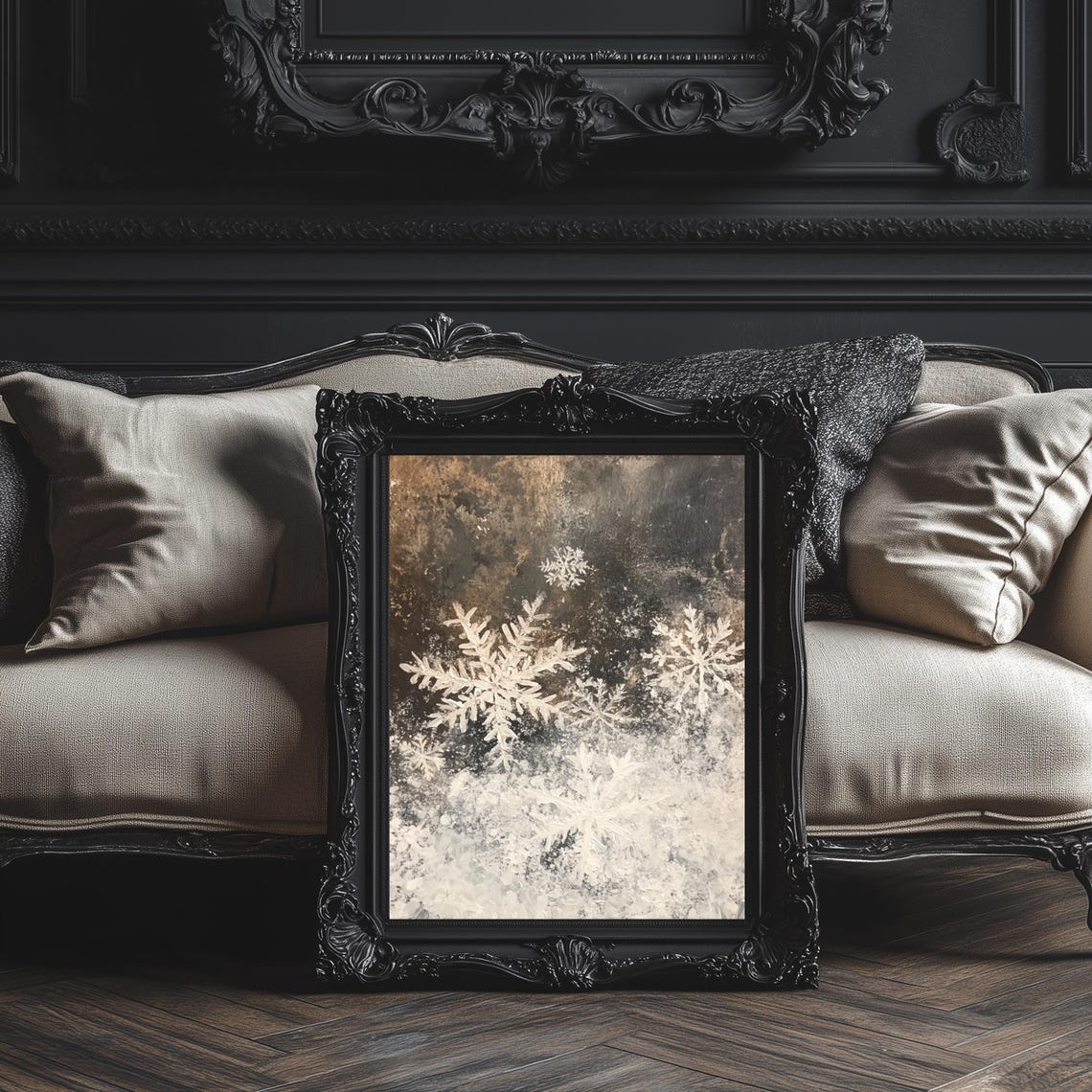 Delicate White Snowflakes Moody Winter Night Christmas Art Poster - Image 3