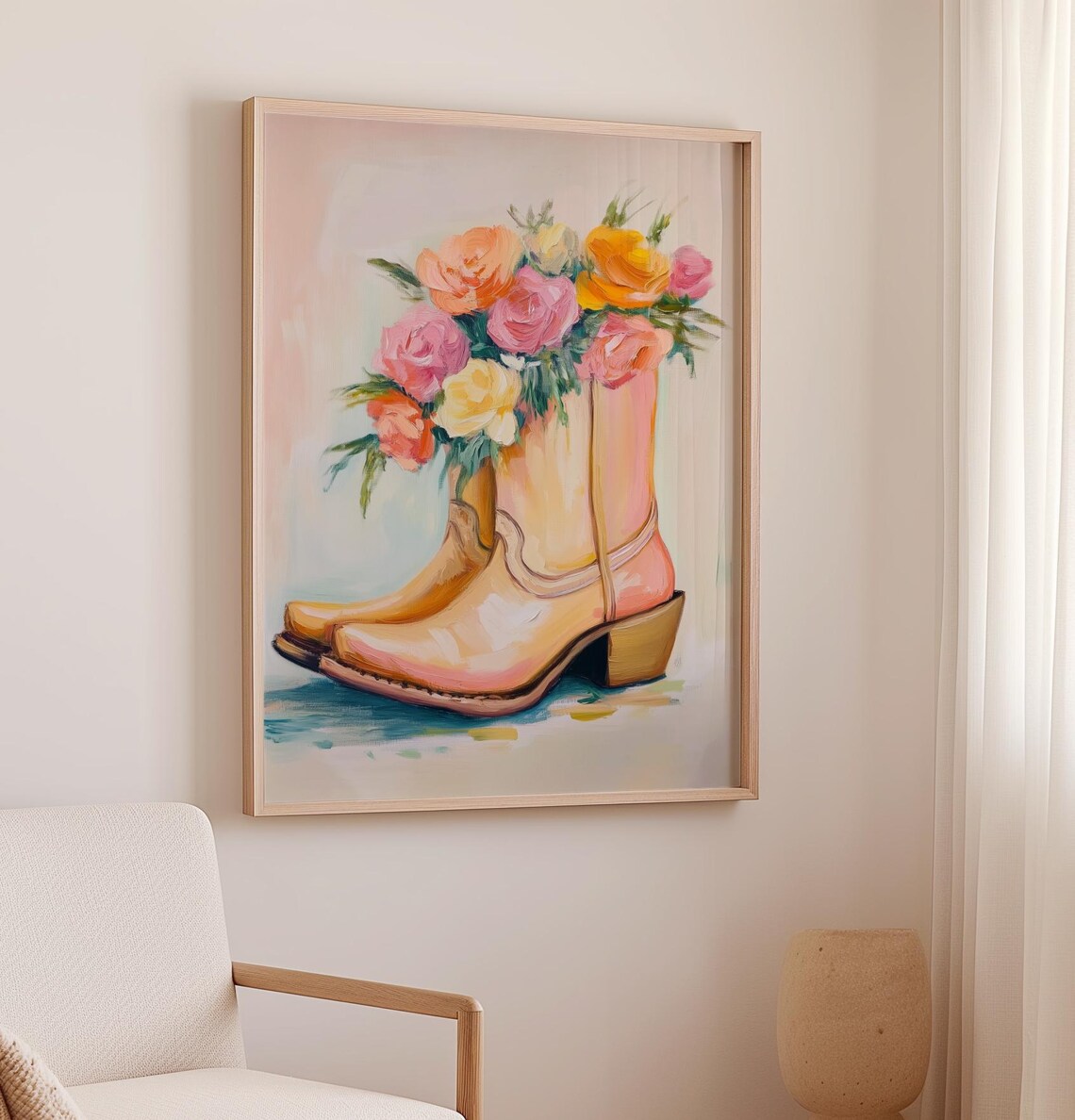 Cowboy Boots Bouquet of Roses Western Floral Oil Painting Poster - Image 2