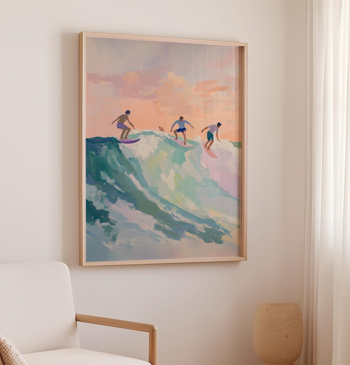 Three Friends Surfing Big Ocean Wave Pastel Beach Painting Poster - Image 2