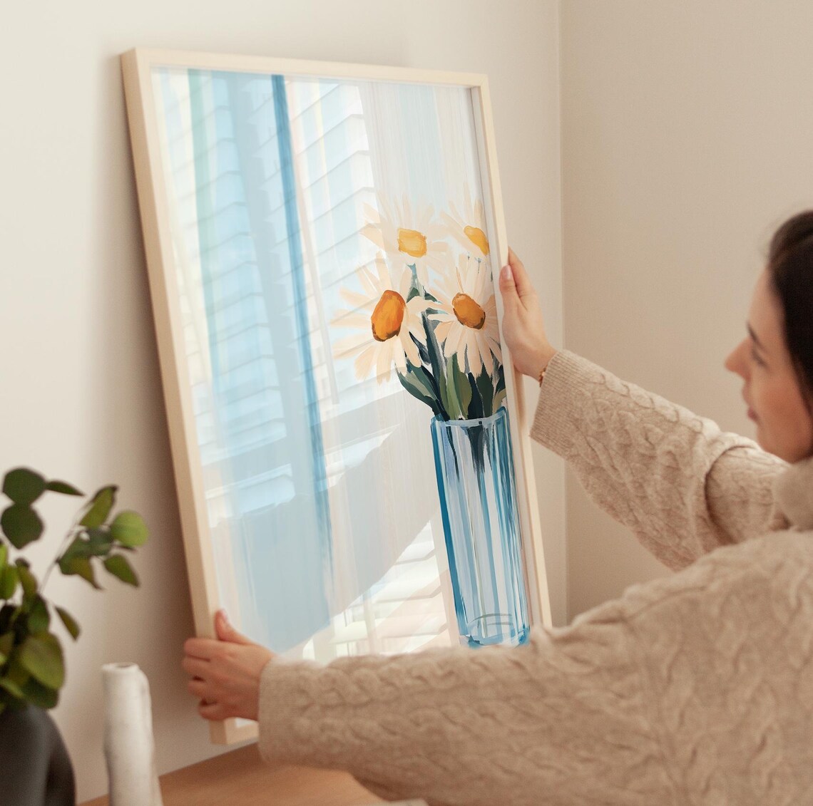 White Daisies In Blue Glass Vase By Sunny Window Floral Poster - Image 3