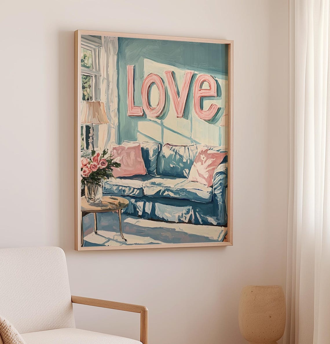 Cozy Living Room With Love Letter Sign Pastel Interior Art Poster - Image 3