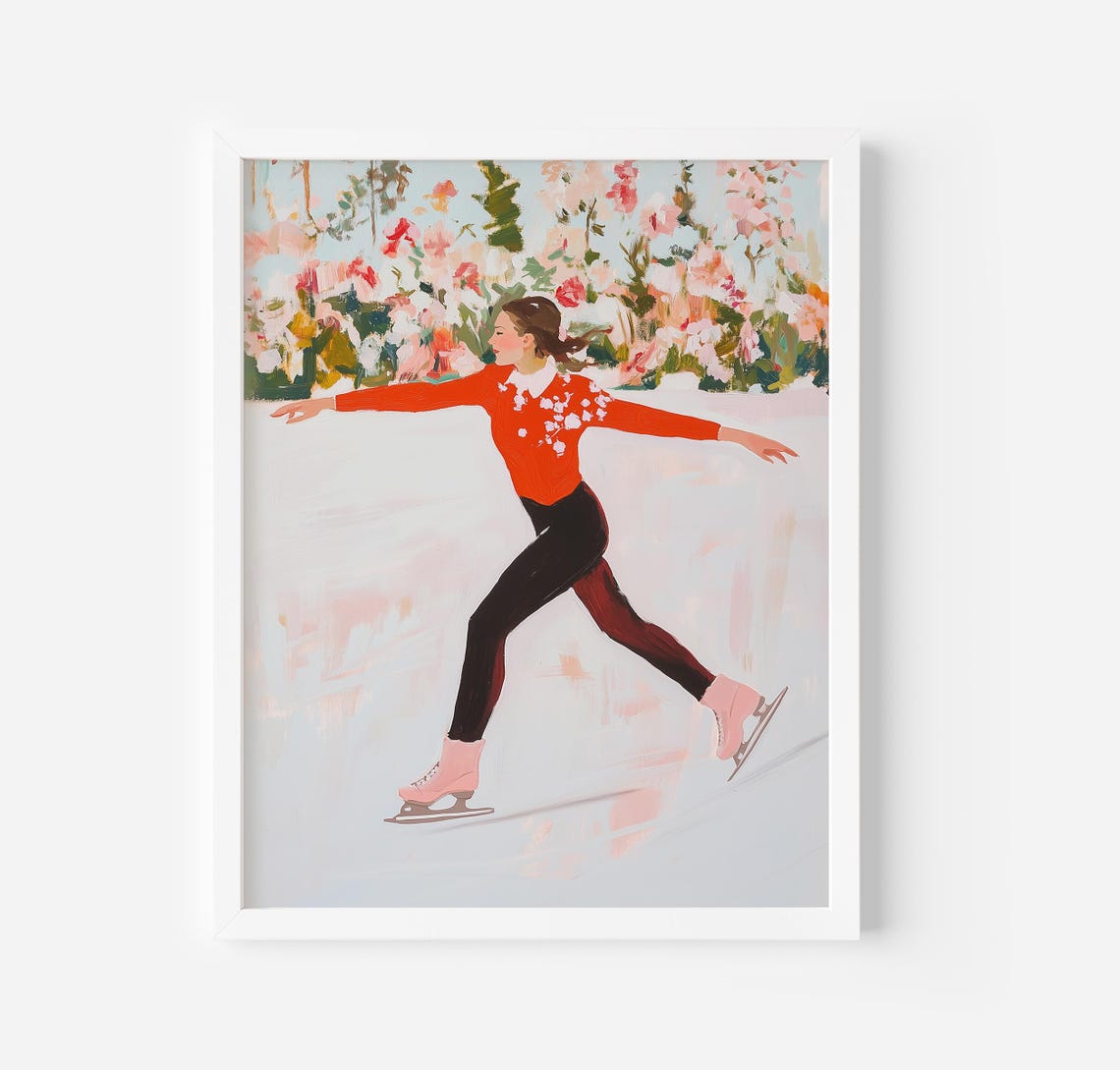 Girl Ice Skater Art Print Winter Wall Art Floral Pastel Oil Painting Retro Girly Aesthetic Prints College Dorm Decor Ice Skating Print