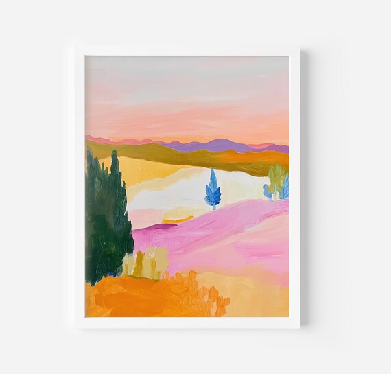 Pink Hills Orange Fields Colorful Impressionist Landscape Poster