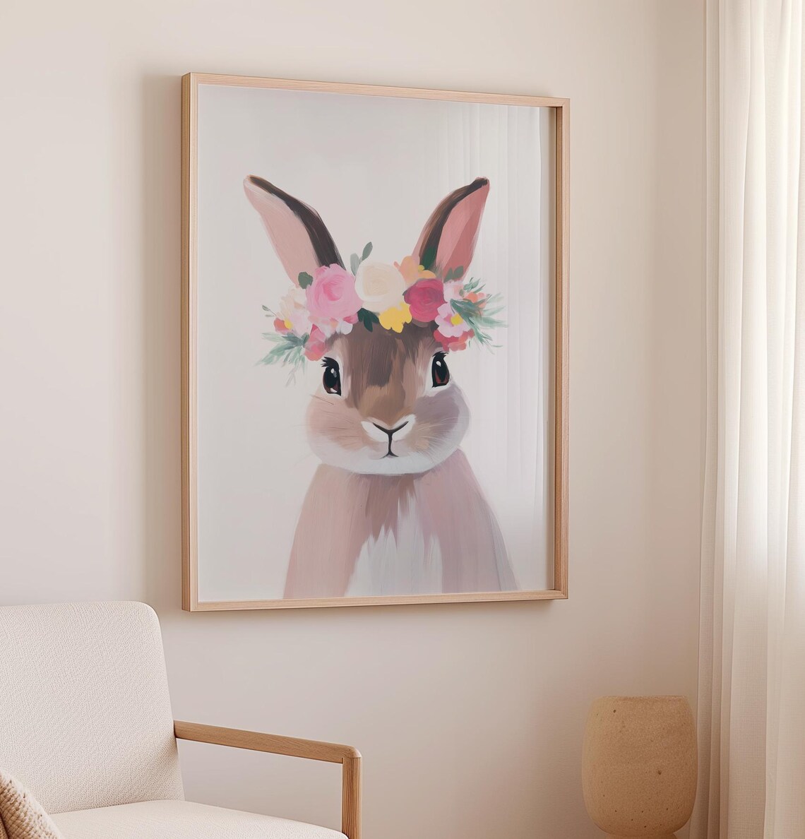 Sweet Bunny Wearing Floral Crown Watercolor Nursery Art Poster - Image 3