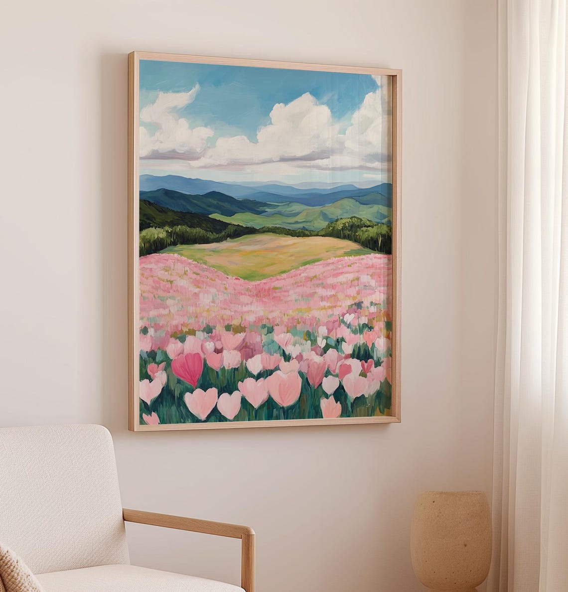 Rolling Hills Covered In Pink Heart Flowers Meadow Art Poster - Image 3