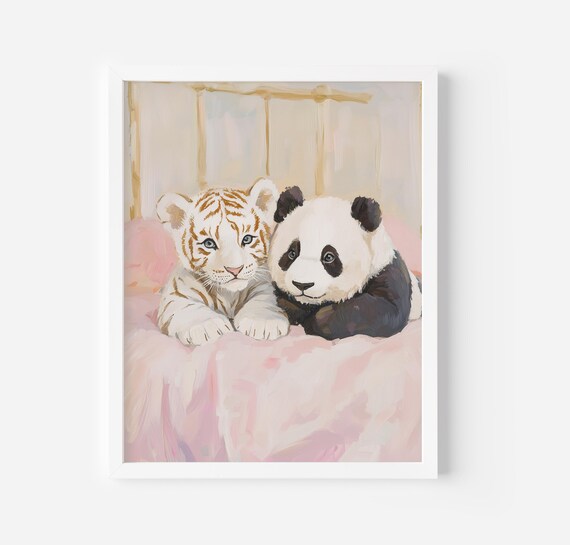 Baby Panda And White Tiger Art Print Cute Nursery Decor Pink Trendy Wall Art Art White Tiger Painting Cute Panda Print