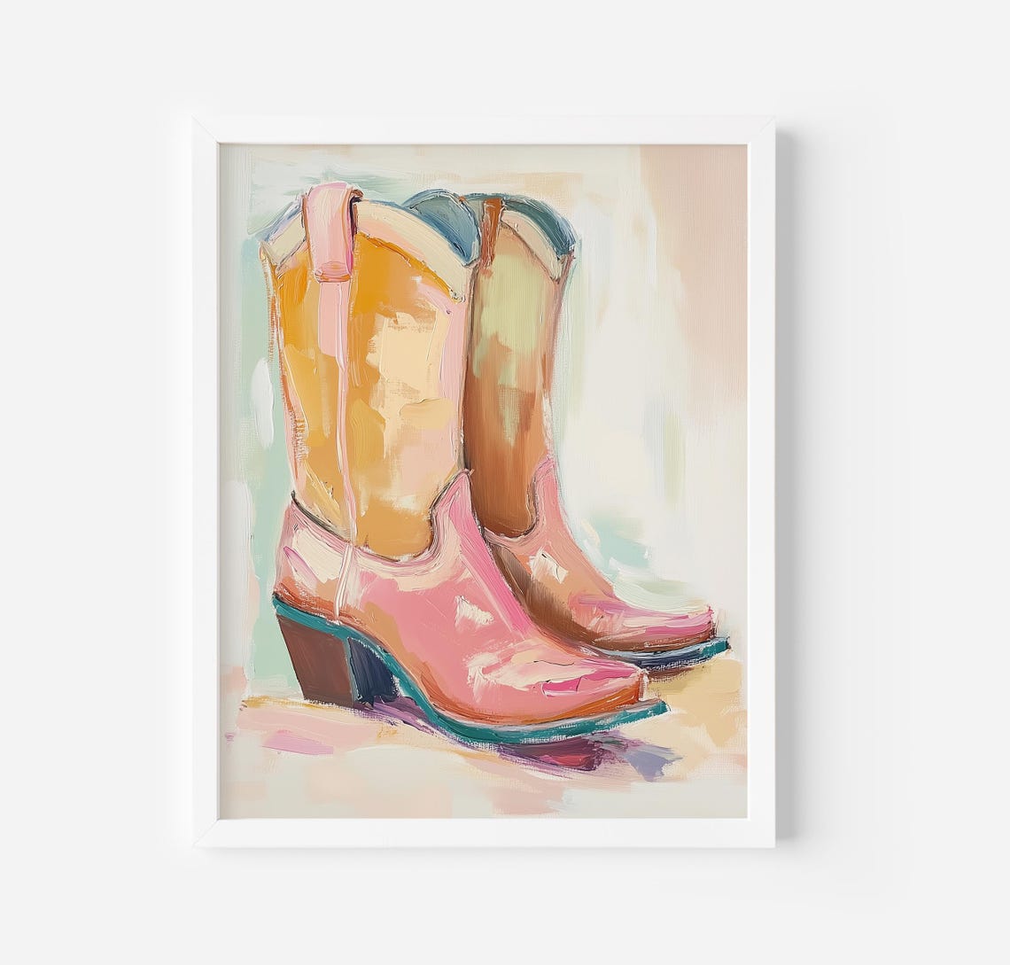 Pink Cowboy Boots Painterly Western Ranch Chic Style Art Poster