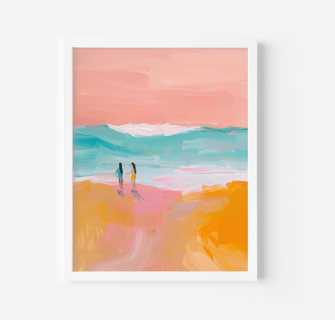 Breezy Two Friends At Sunrise Beach Abstract Pastel Ocean Poster