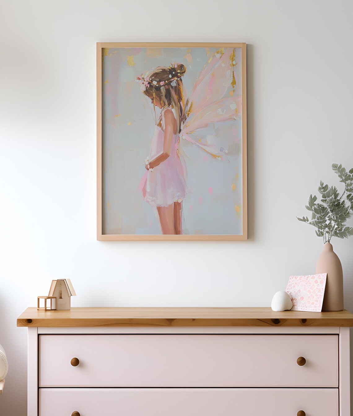 Little Fairy Girl in Pink Tulle Dress Pastel Wings Magical Nursery Poster - Image 3
