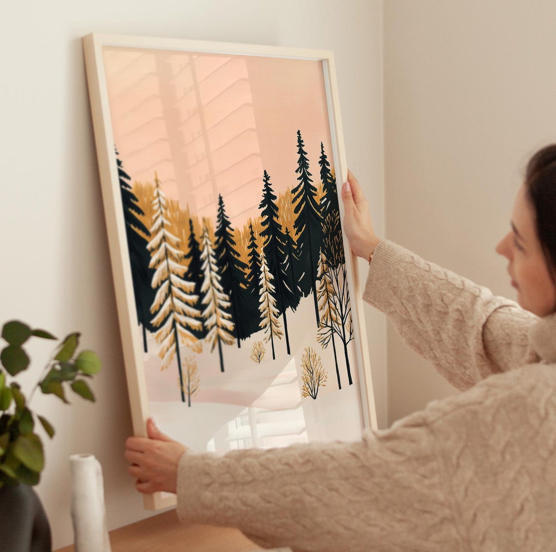 Snowy Pine Forest Winter Landscape Black White Trees Wall Poster - Image 3