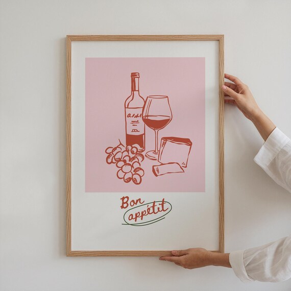 Bon Appetit Wine Cheese and Grapes Pink French Kitchen Wall Art Poster