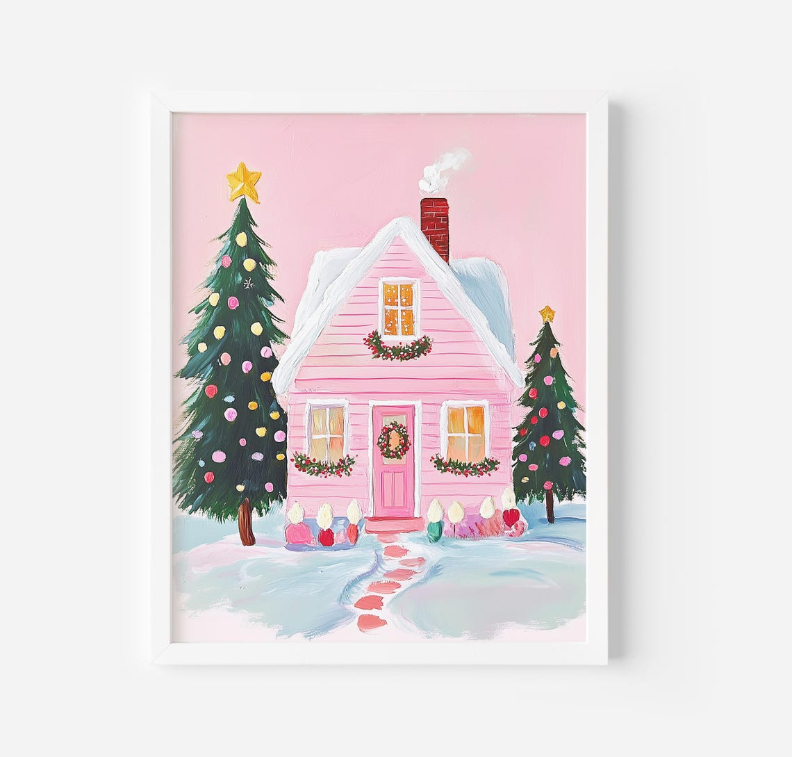 Pink Christmas House Print Winter Village Art Print Holiday Houses Decor Pink Christmas Wall Art Snowy House Print Cozy Winter Wall Art